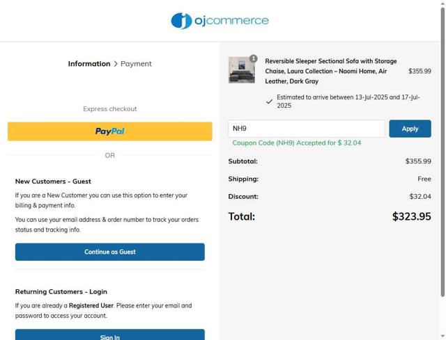 OJCommerce checkout page showing OJCommerce promo code box | Screenshot taken by SimplyCodes community member on Jul 11, 2025