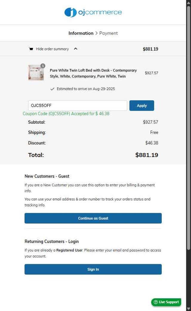 OJCommerce checkout page showing OJCommerce promo code box | Screenshot taken by SimplyCodes community member on Aug 22, 2025