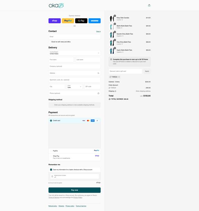 Oka-B checkout page showing Oka-B promo code box | Screenshot taken by SimplyCodes community member on Sep 12, 2025