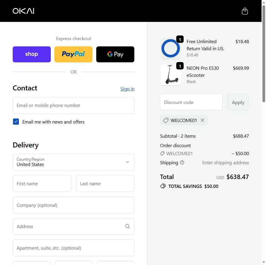 OKAI checkout page showing OKAI discount code box | Screenshot taken by SimplyCodes community member on Dec 10, 2025