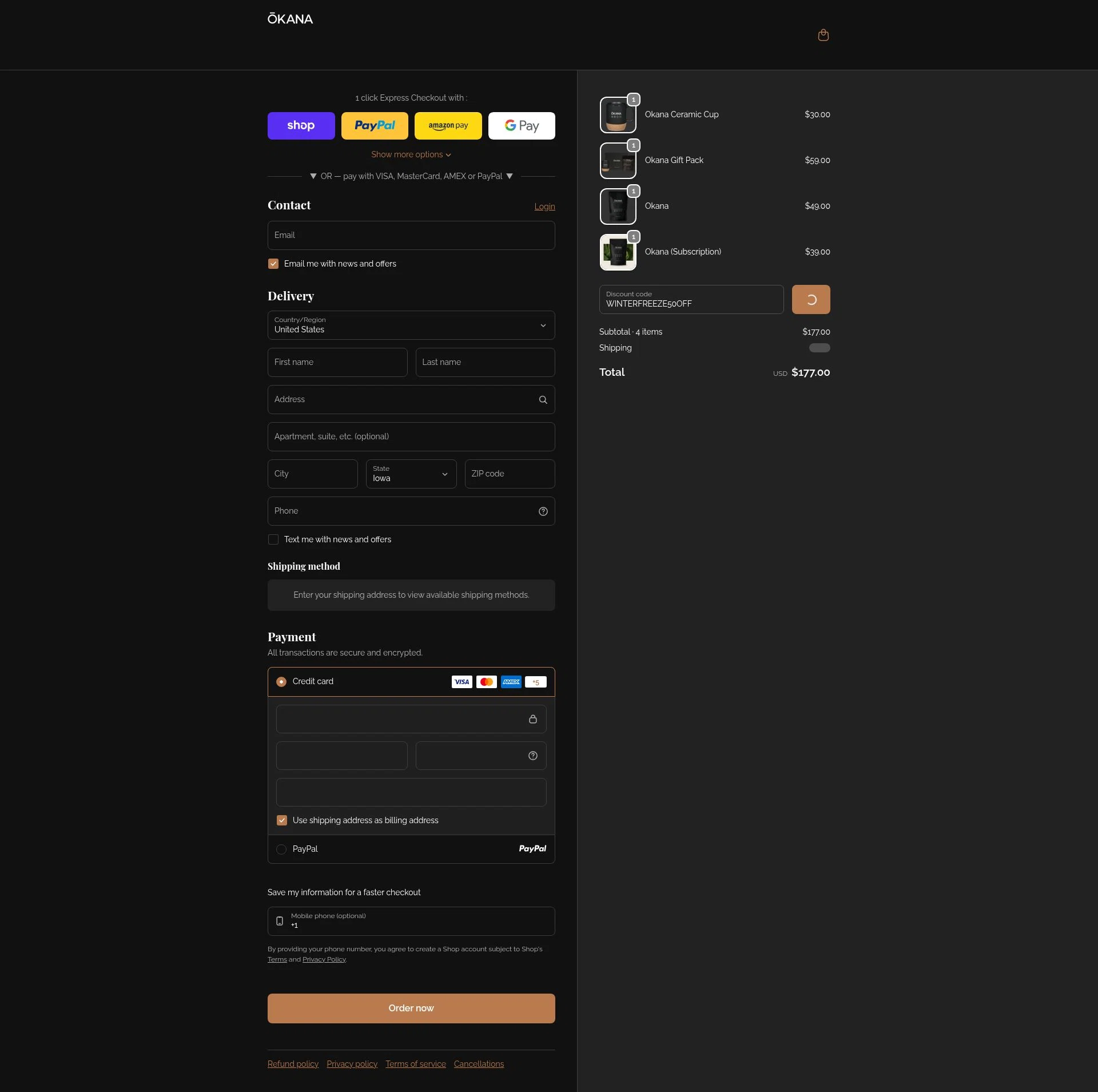 Okana checkout page showing Okana promo code box | Screenshot taken by SimplyCodes community member on Feb 6, 2026