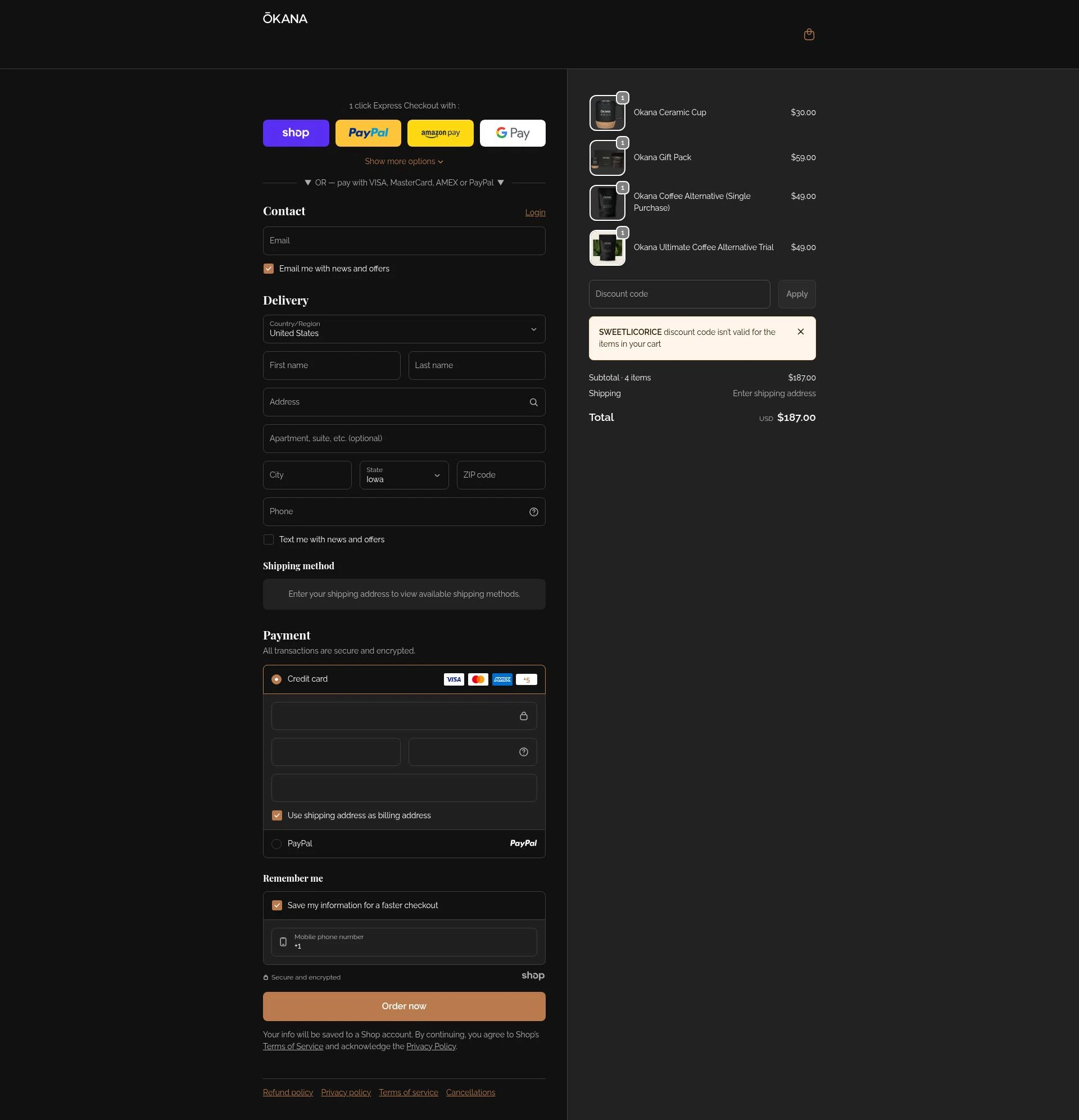 Okana checkout page showing Okana promo code box | Screenshot taken by SimplyCodes community member on Jan 8, 2026