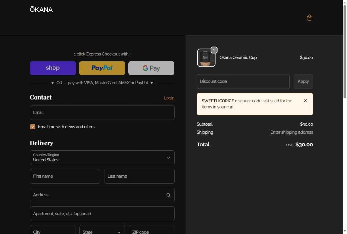 Okana checkout page showing Okana promo code box | Screenshot taken by SimplyCodes community member on Dec 29, 2025