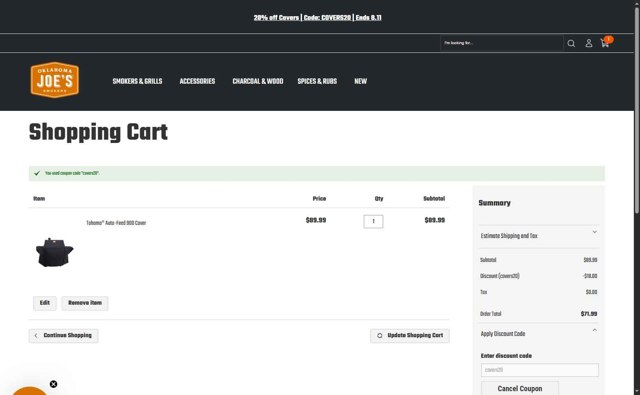 Oklahoma Joe's checkout page showing Oklahoma Joe's promo code box | Screenshot taken by SimplyCodes community member on Aug 1, 2025