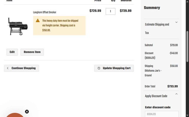 Oklahoma Joe's checkout page showing Oklahoma Joe's promo code box | Screenshot taken by SimplyCodes community member on Aug 22, 2025