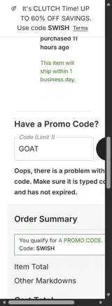 GOAT coupon verification screenshot