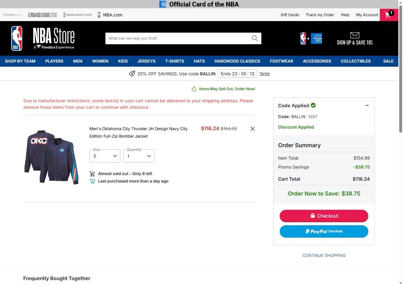 Oklahoma City Thunder checkout page showing Oklahoma City Thunder promo code box | Screenshot taken by SimplyCodes community member on Jan 23, 2026