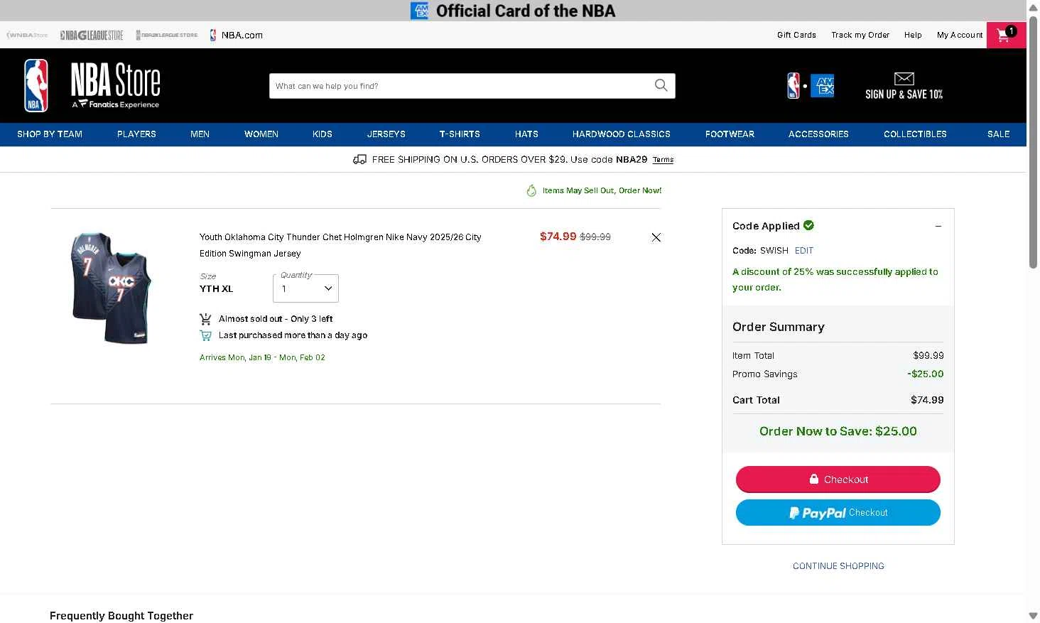Oklahoma City Thunder checkout page showing Oklahoma City Thunder promo code box | Screenshot taken by SimplyCodes community member on Jan 3, 2026