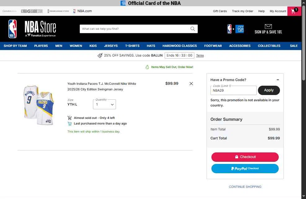 Oklahoma City Thunder checkout page showing Oklahoma City Thunder promo code box | Screenshot taken by SimplyCodes community member on Jan 23, 2026