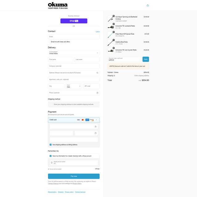 Okuma Fishing Tackle checkout page showing Okuma Fishing Tackle promo code box | Screenshot taken by SimplyCodes community member on Aug 22, 2025