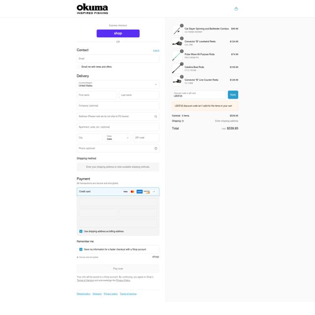 Okuma Fishing Tackle checkout page showing Okuma Fishing Tackle promo code box | Screenshot taken by SimplyCodes community member on Sep 8, 2025