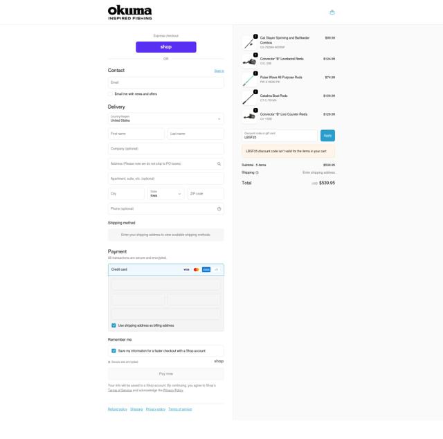 Okuma Fishing Tackle checkout page showing Okuma Fishing Tackle promo code box | Screenshot taken by SimplyCodes community member on Sep 20, 2025