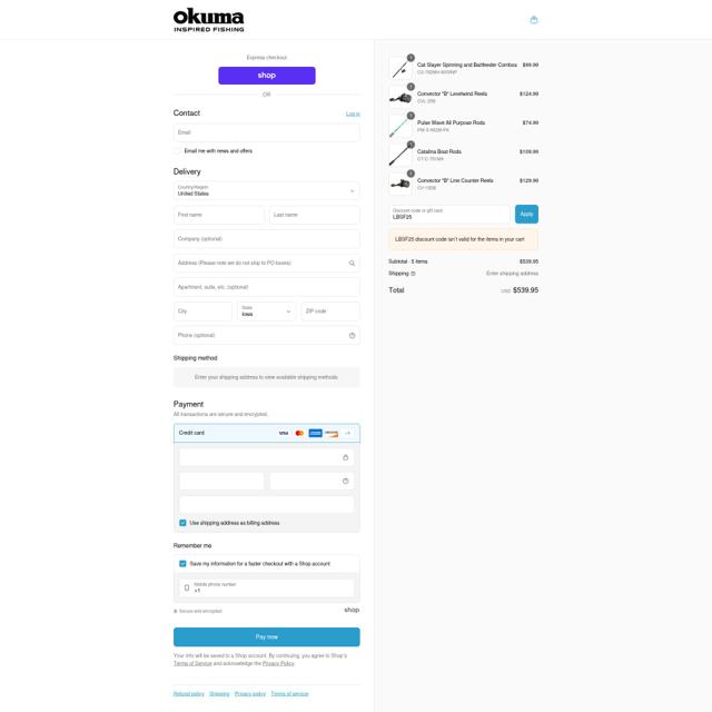 Okuma Fishing Tackle checkout page showing Okuma Fishing Tackle promo code box | Screenshot taken by SimplyCodes community member on Aug 30, 2025