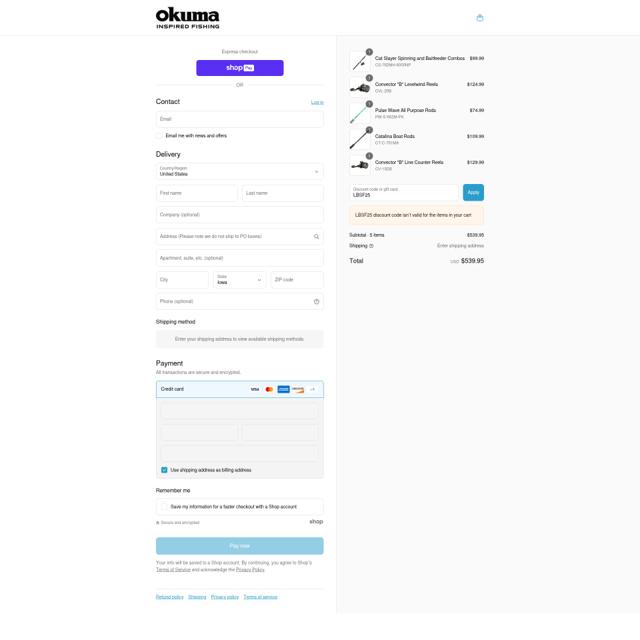Okuma Fishing Tackle checkout page showing Okuma Fishing Tackle promo code box | Screenshot taken by SimplyCodes community member on Aug 26, 2025