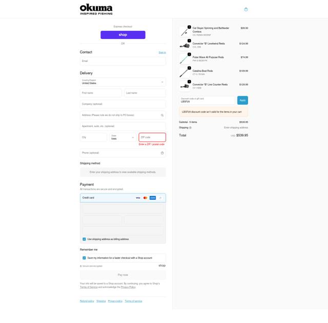Okuma Fishing Tackle checkout page showing Okuma Fishing Tackle promo code box | Screenshot taken by SimplyCodes community member on Sep 24, 2025