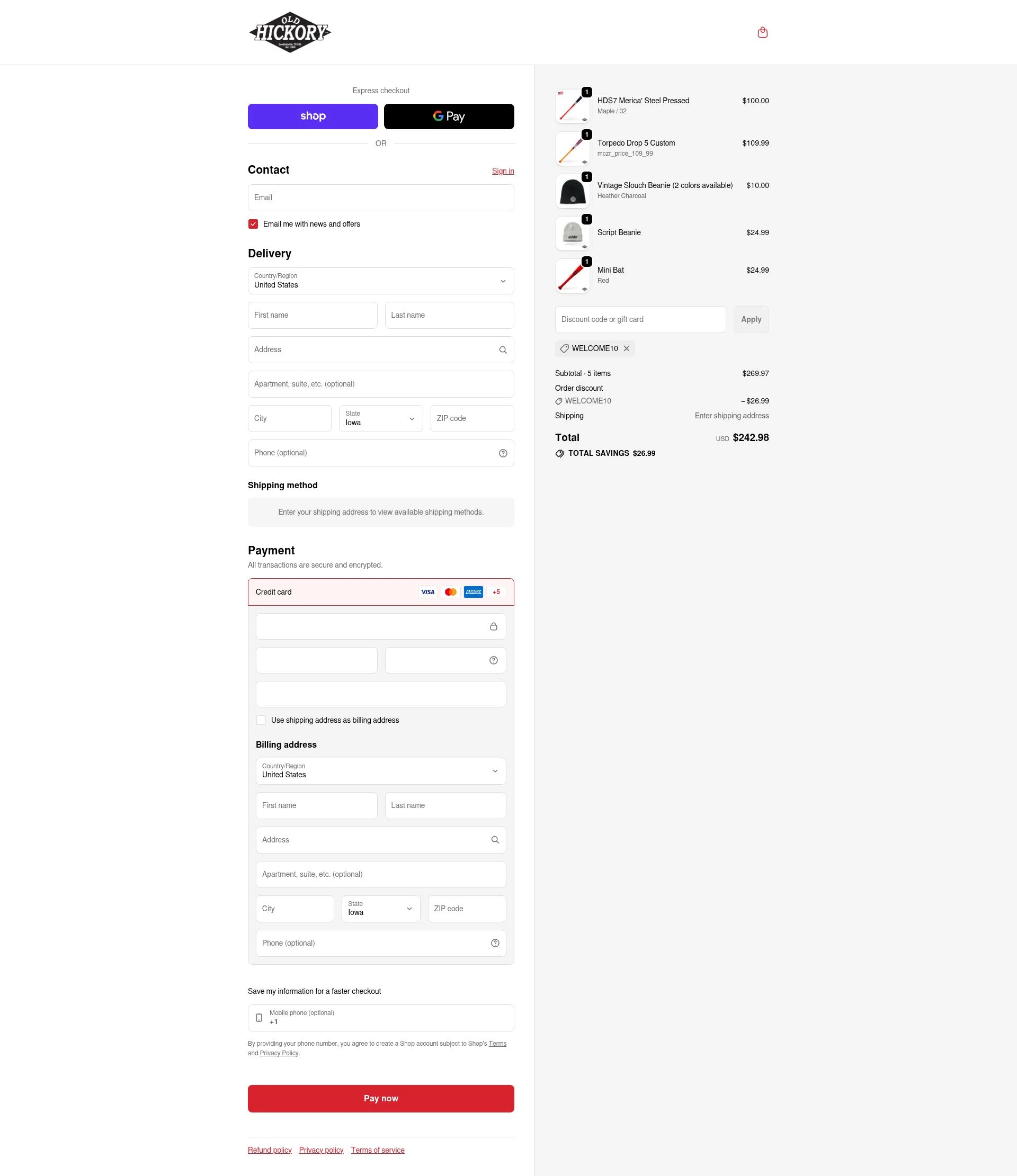 Old Hickory Bat Company checkout page showing Old Hickory Bat Company promo code box | Screenshot taken by SimplyCodes community member on Feb 15, 2026