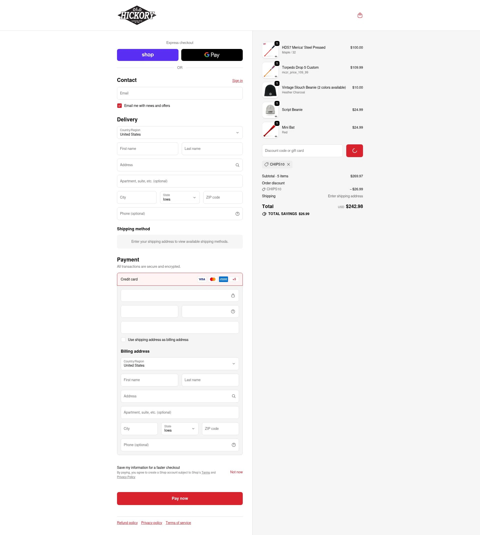 Old Hickory Bat Company checkout page showing Old Hickory Bat Company promo code box | Screenshot taken by SimplyCodes community member on Feb 18, 2026