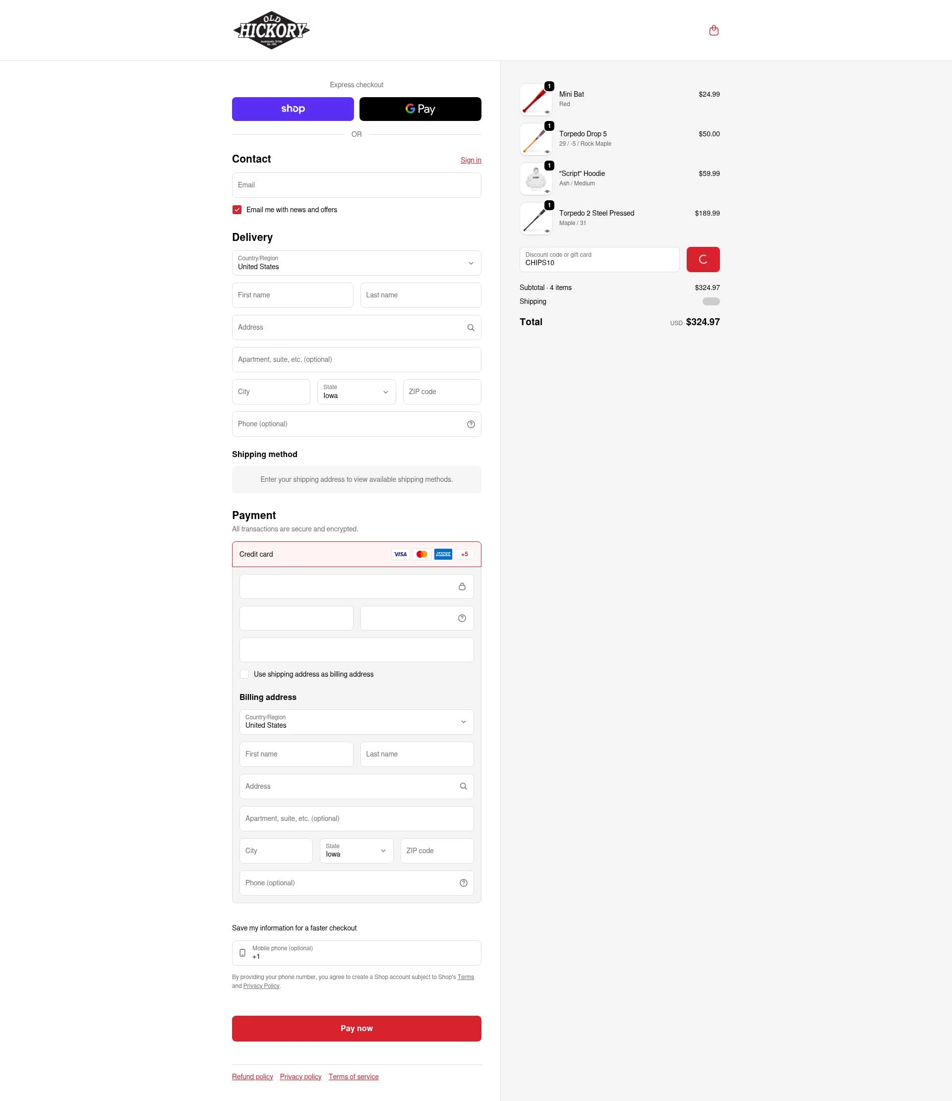 Old Hickory Bat Company checkout page showing Old Hickory Bat Company promo code box | Screenshot taken by SimplyCodes community member on Feb 3, 2026