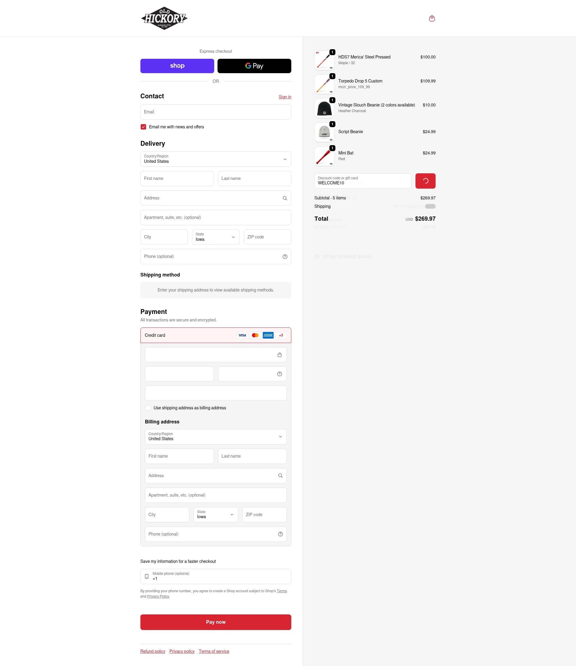 Old Hickory Bat Company checkout page showing Old Hickory Bat Company promo code box | Screenshot taken by SimplyCodes community member on Feb 20, 2026
