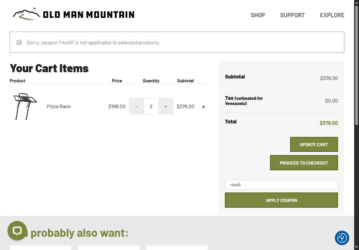Old Man Mountain checkout page showing Old Man Mountain coupon code box | Screenshot taken by SimplyCodes community member on Feb 14, 2026