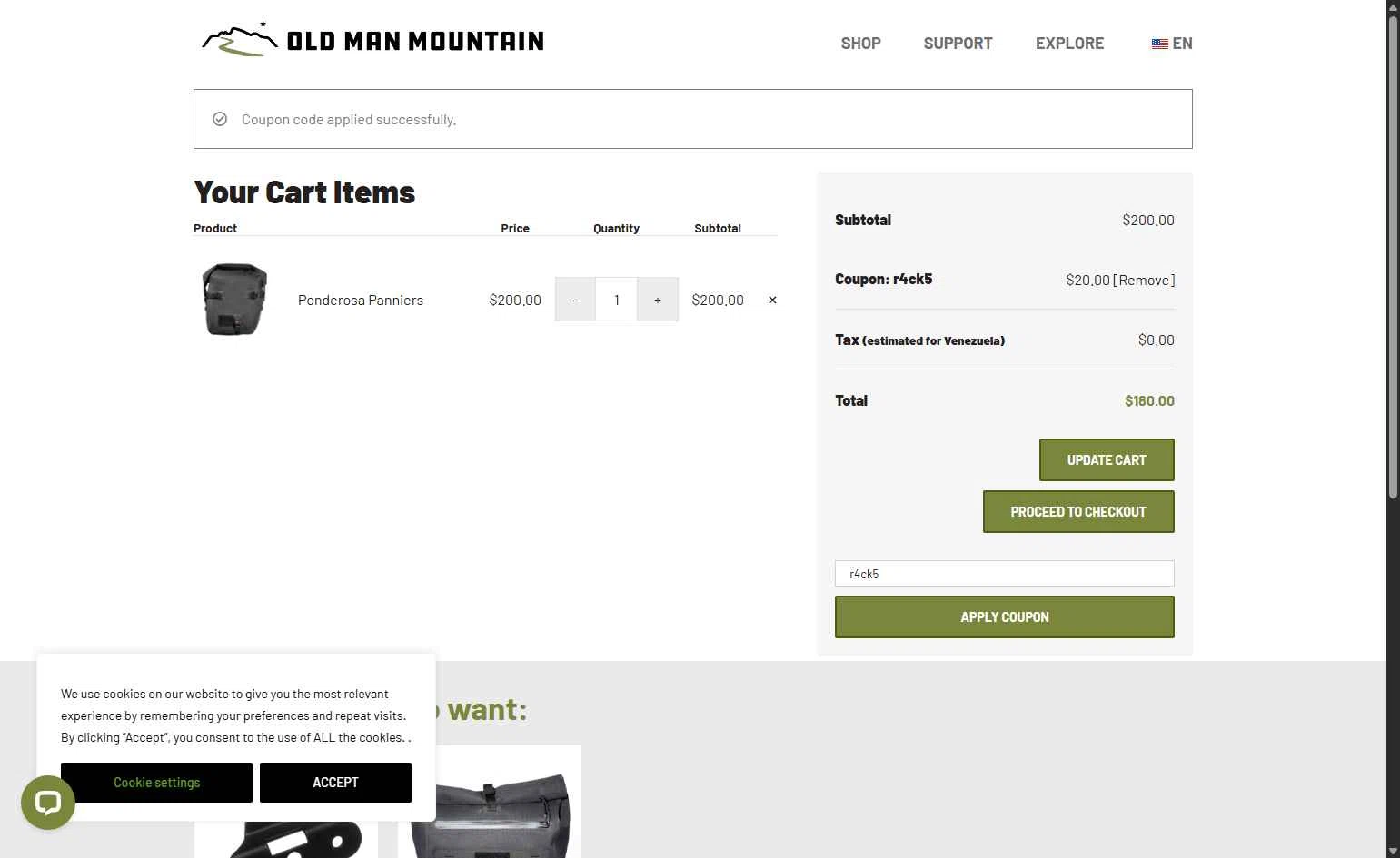 Old Man Mountain checkout page showing Old Man Mountain coupon code box | Screenshot taken by SimplyCodes community member on Oct 14, 2025