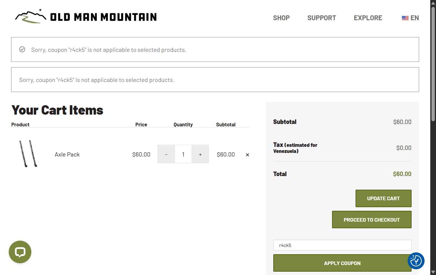 Old Man Mountain checkout page showing Old Man Mountain coupon code box | Screenshot taken by SimplyCodes community member on Oct 25, 2025