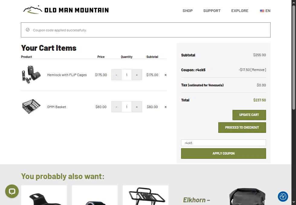 Old Man Mountain checkout page showing Old Man Mountain coupon code box | Screenshot taken by SimplyCodes community member on Oct 4, 2025