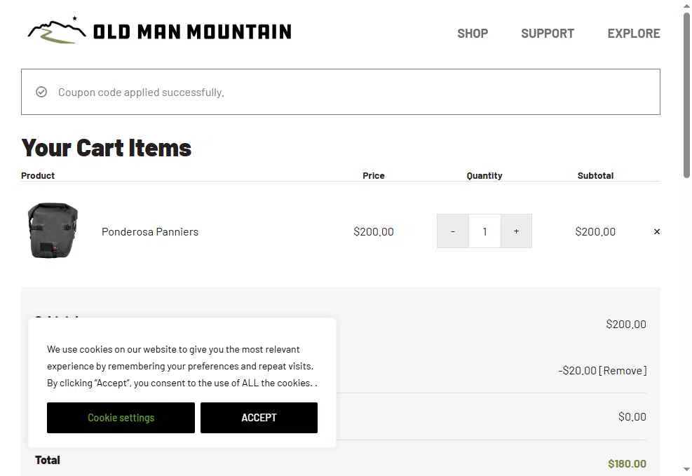 Old Man Mountain checkout page showing Old Man Mountain coupon code box | Screenshot taken by SimplyCodes community member on Jan 25, 2026