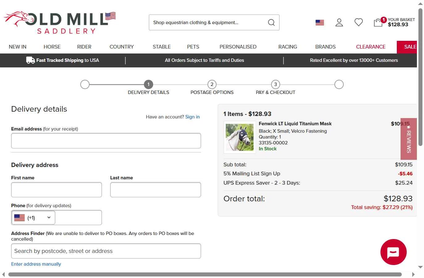 Old Mill Saddlery checkout page showing Old Mill Saddlery discount code box | Screenshot taken by SimplyCodes community member on Aug 29, 2025