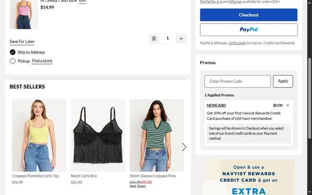 Old Navy checkout page showing Old Navy promo code box | Screenshot taken by SimplyCodes community member on Aug 25, 2025