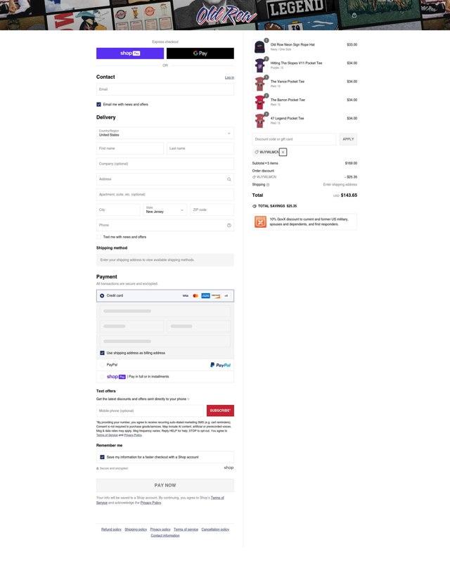 Old Row checkout page showing Old Row discount code box | Screenshot taken by SimplyCodes community member on Jan 29, 2025