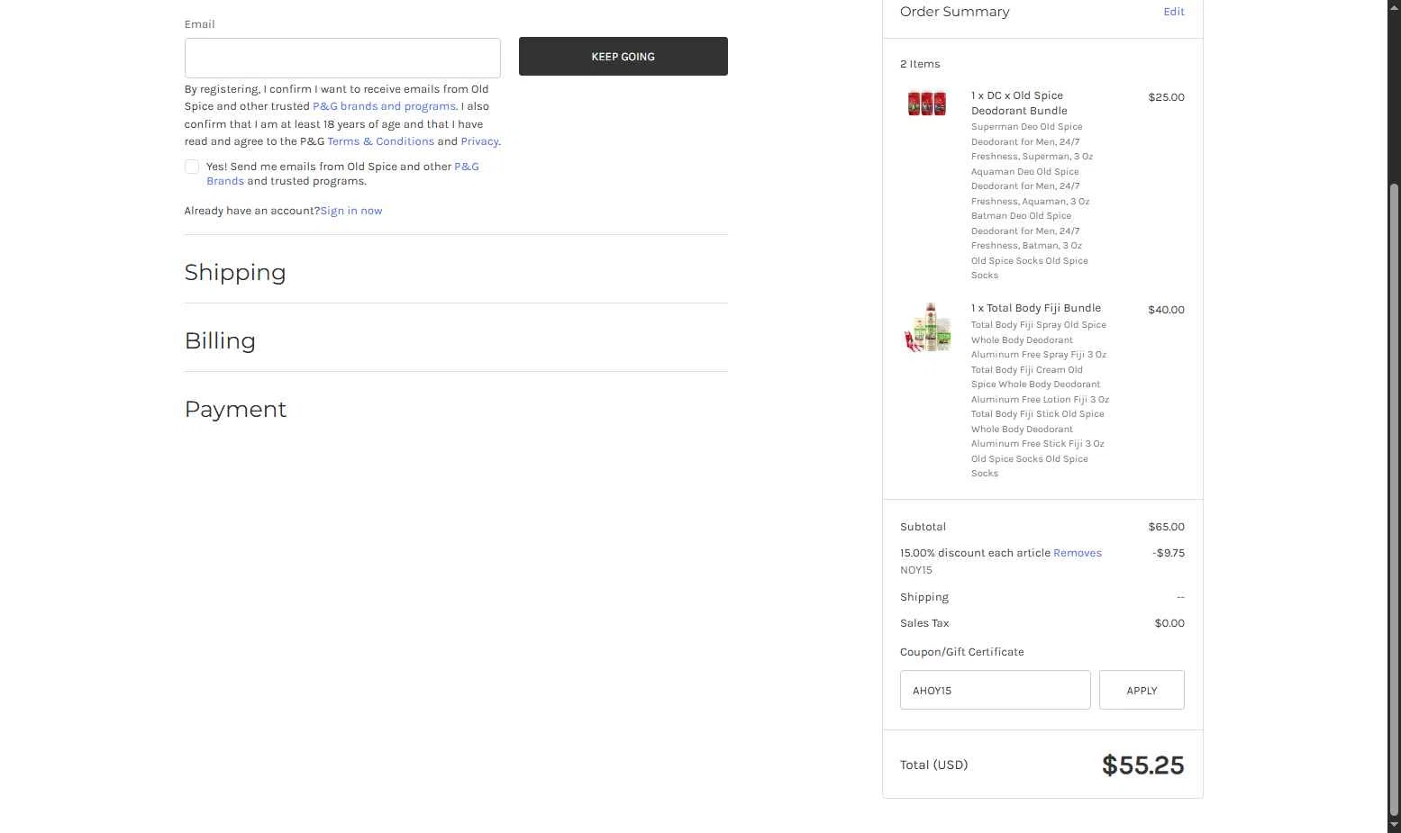 Old Spice checkout page showing Old Spice coupon code box | Screenshot taken by SimplyCodes community member on Aug 5, 2025