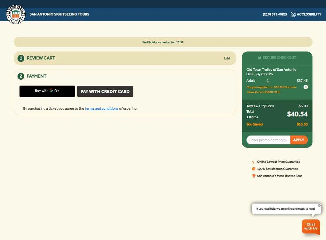Old Town Trolley Tours checkout page showing Old Town Trolley Tours promo code box | Screenshot taken by SimplyCodes community member on Jul 20, 2025