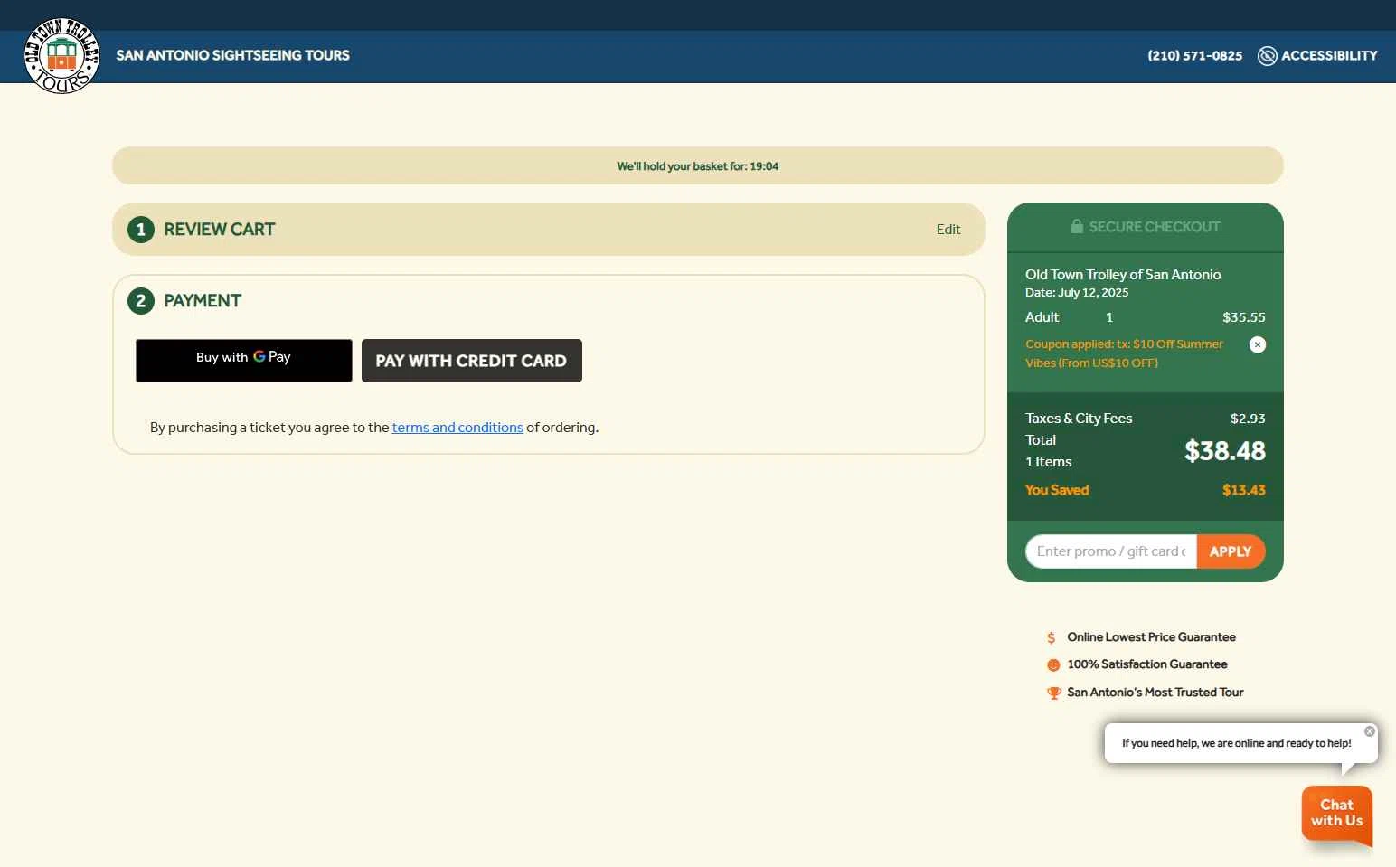 Old Town Trolley Tours checkout page showing Old Town Trolley Tours promo code box | Screenshot taken by SimplyCodes community member on Jul 12, 2025