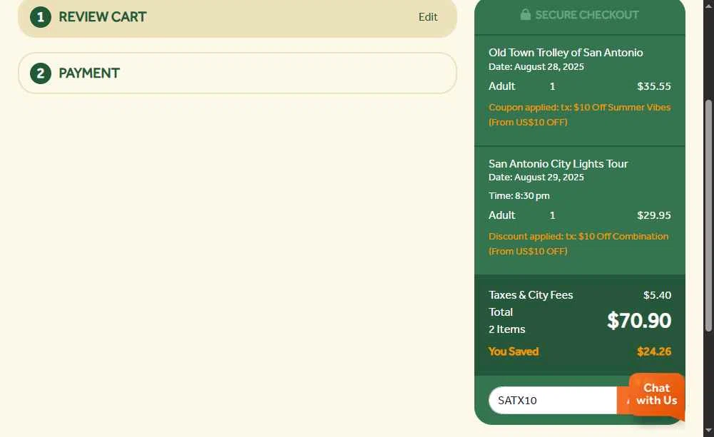 Old Town Trolley Tours checkout page showing Old Town Trolley Tours promo code box | Screenshot taken by SimplyCodes community member on Aug 28, 2025