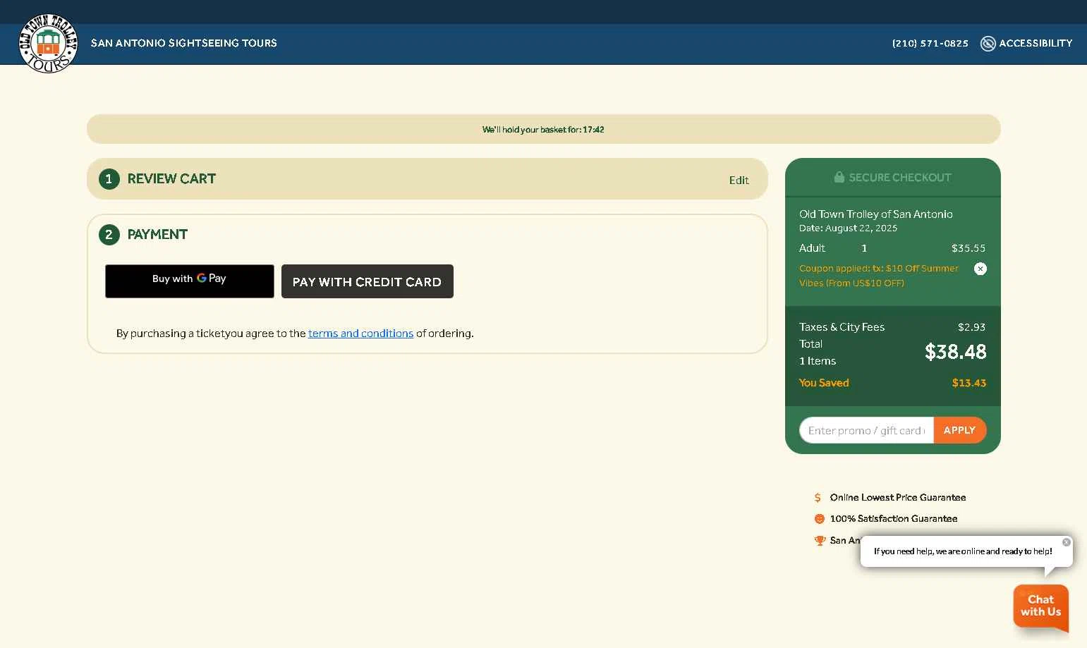 Old Town Trolley Tours checkout page showing Old Town Trolley Tours promo code box | Screenshot taken by SimplyCodes community member on Aug 19, 2025