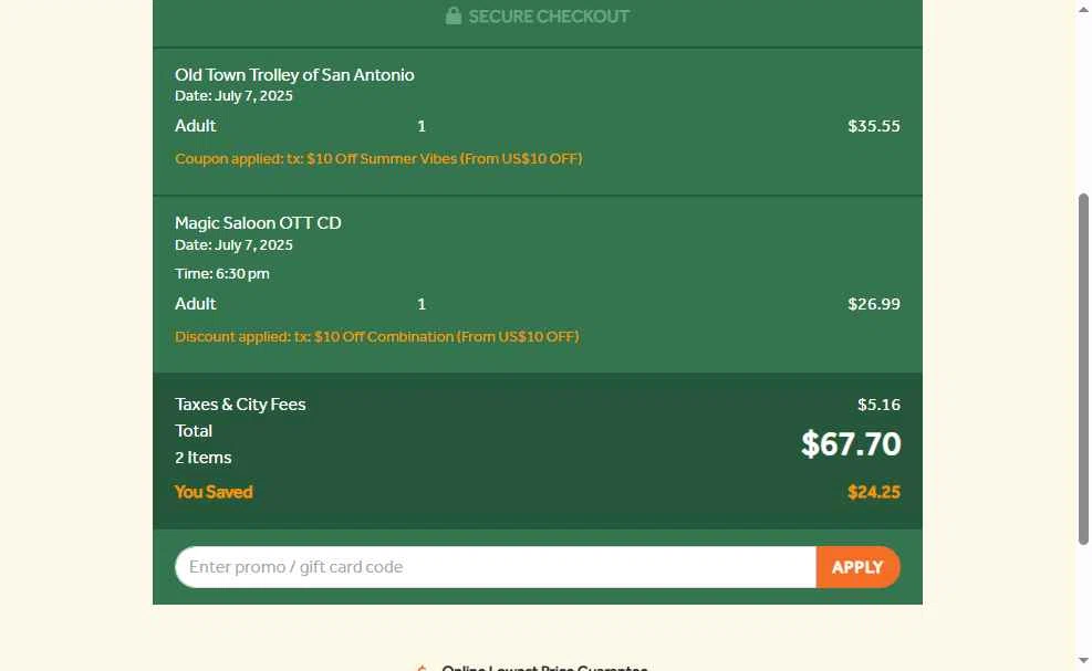 Old Town Trolley Tours checkout page showing Old Town Trolley Tours promo code box | Screenshot taken by SimplyCodes community member on Jul 7, 2025