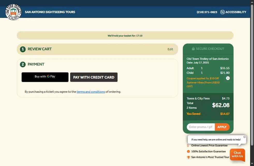 Old Town Trolley Tours checkout page showing Old Town Trolley Tours promo code box | Screenshot taken by SimplyCodes community member on Jul 15, 2025