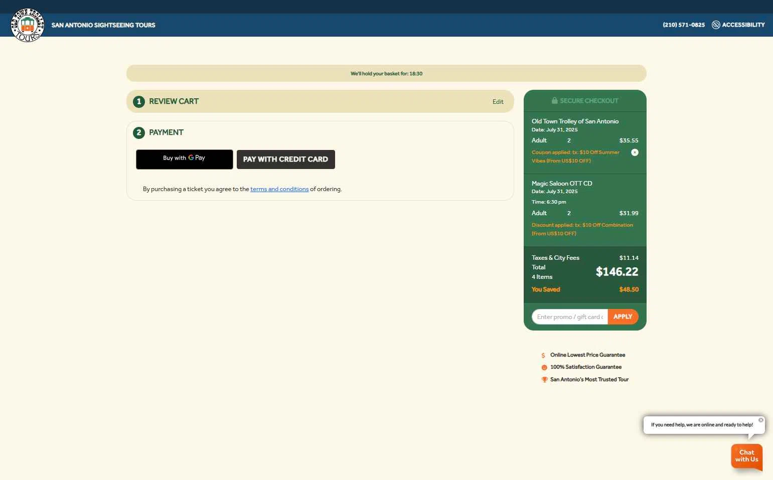 Old Town Trolley Tours checkout page showing Old Town Trolley Tours promo code box | Screenshot taken by SimplyCodes community member on Jul 29, 2025