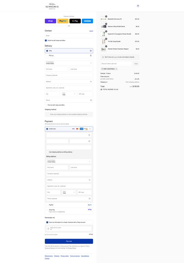Old Whaling checkout page showing Old Whaling promo code box | Screenshot taken by SimplyCodes community member on Sep 6, 2025