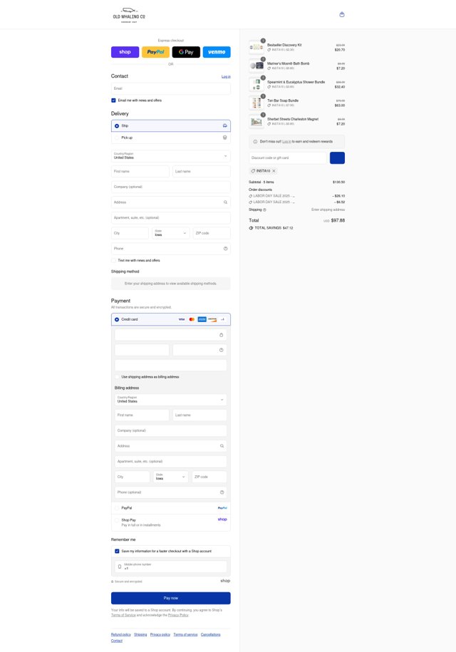 Old Whaling checkout page showing Old Whaling promo code box | Screenshot taken by SimplyCodes community member on Sep 2, 2025