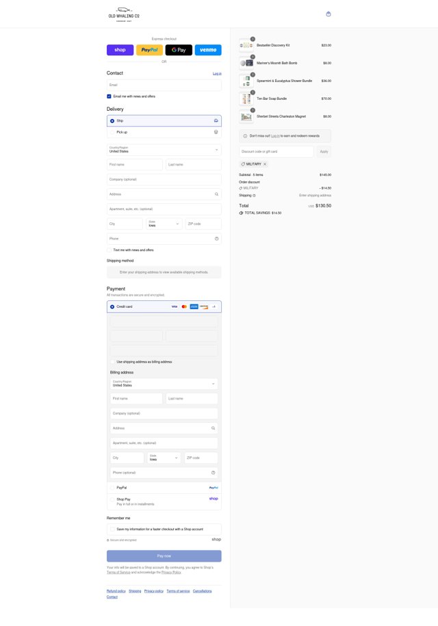 Old Whaling checkout page showing Old Whaling promo code box | Screenshot taken by SimplyCodes community member on Sep 6, 2025
