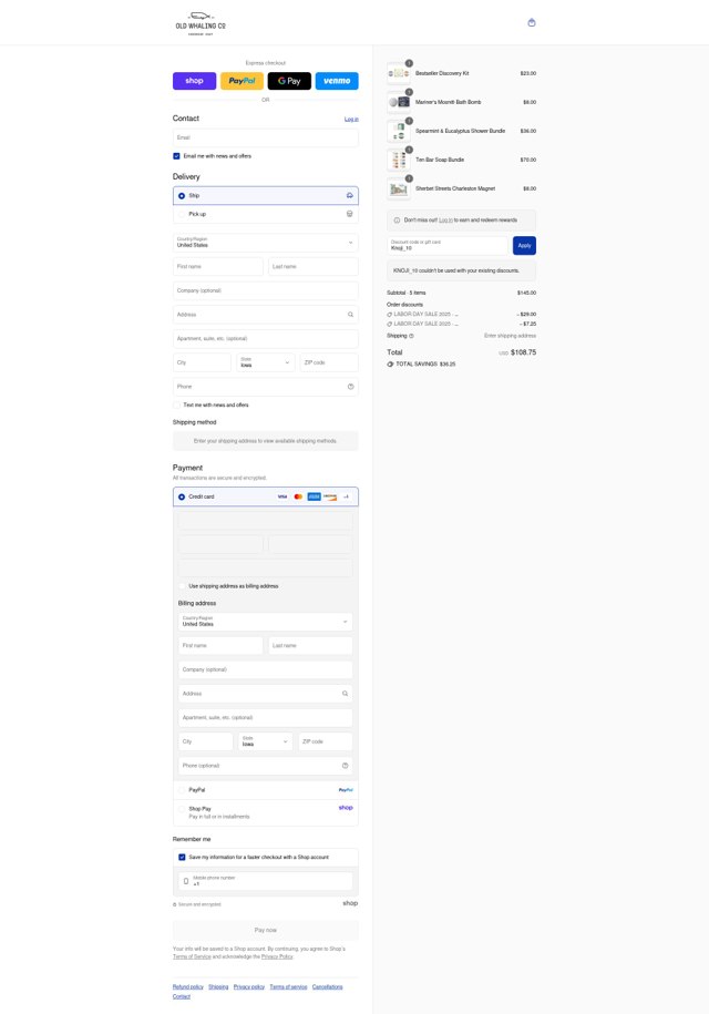 Old Whaling checkout page showing Old Whaling promo code box | Screenshot taken by SimplyCodes community member on Sep 2, 2025