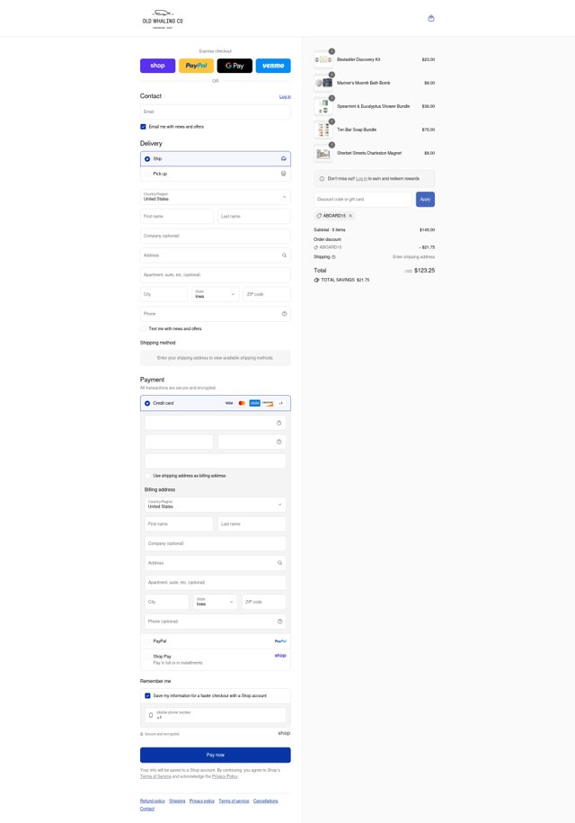 Old Whaling checkout page showing Old Whaling promo code box | Screenshot taken by SimplyCodes community member on Sep 6, 2025