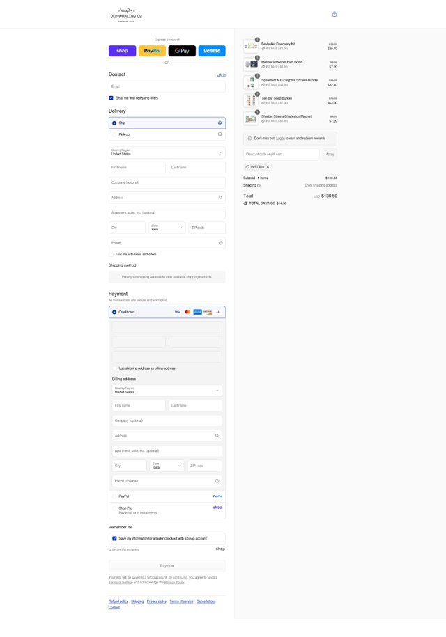Old Whaling checkout page showing Old Whaling promo code box | Screenshot taken by SimplyCodes community member on Sep 6, 2025