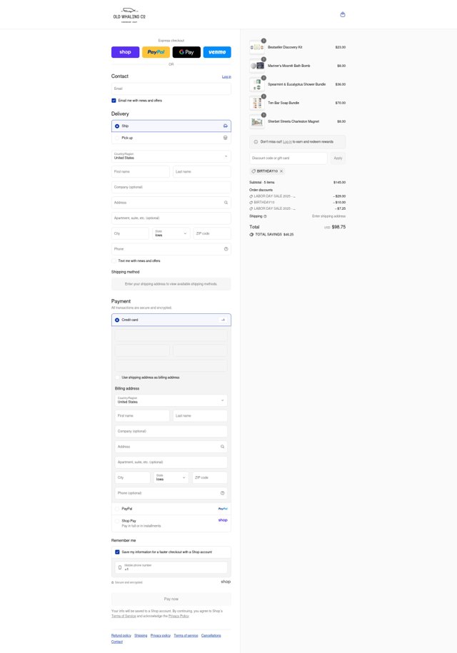 Old Whaling checkout page showing Old Whaling promo code box | Screenshot taken by SimplyCodes community member on Sep 2, 2025