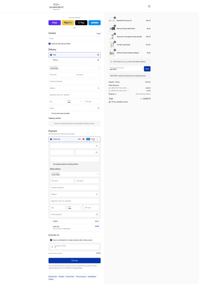 Old Whaling checkout page showing Old Whaling promo code box | Screenshot taken by SimplyCodes community member on Sep 2, 2025