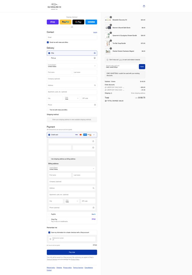 Old Whaling checkout page showing Old Whaling promo code box | Screenshot taken by SimplyCodes community member on Sep 2, 2025