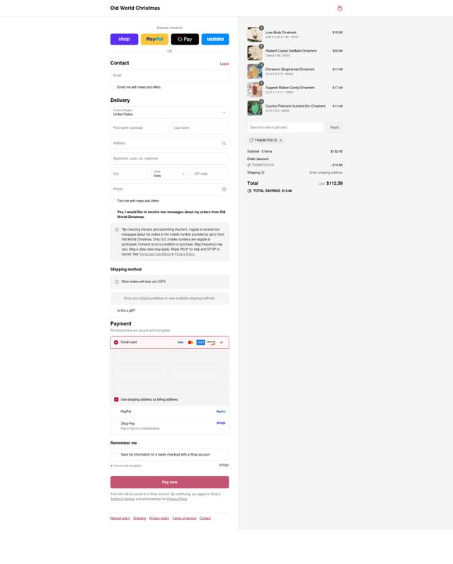 Old World Christmas checkout page showing Old World Christmas discount code box | Screenshot taken by SimplyCodes community member on Aug 31, 2025