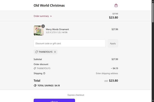 Old World Christmas checkout page showing Old World Christmas discount code box | Screenshot taken by SimplyCodes community member on Aug 14, 2025